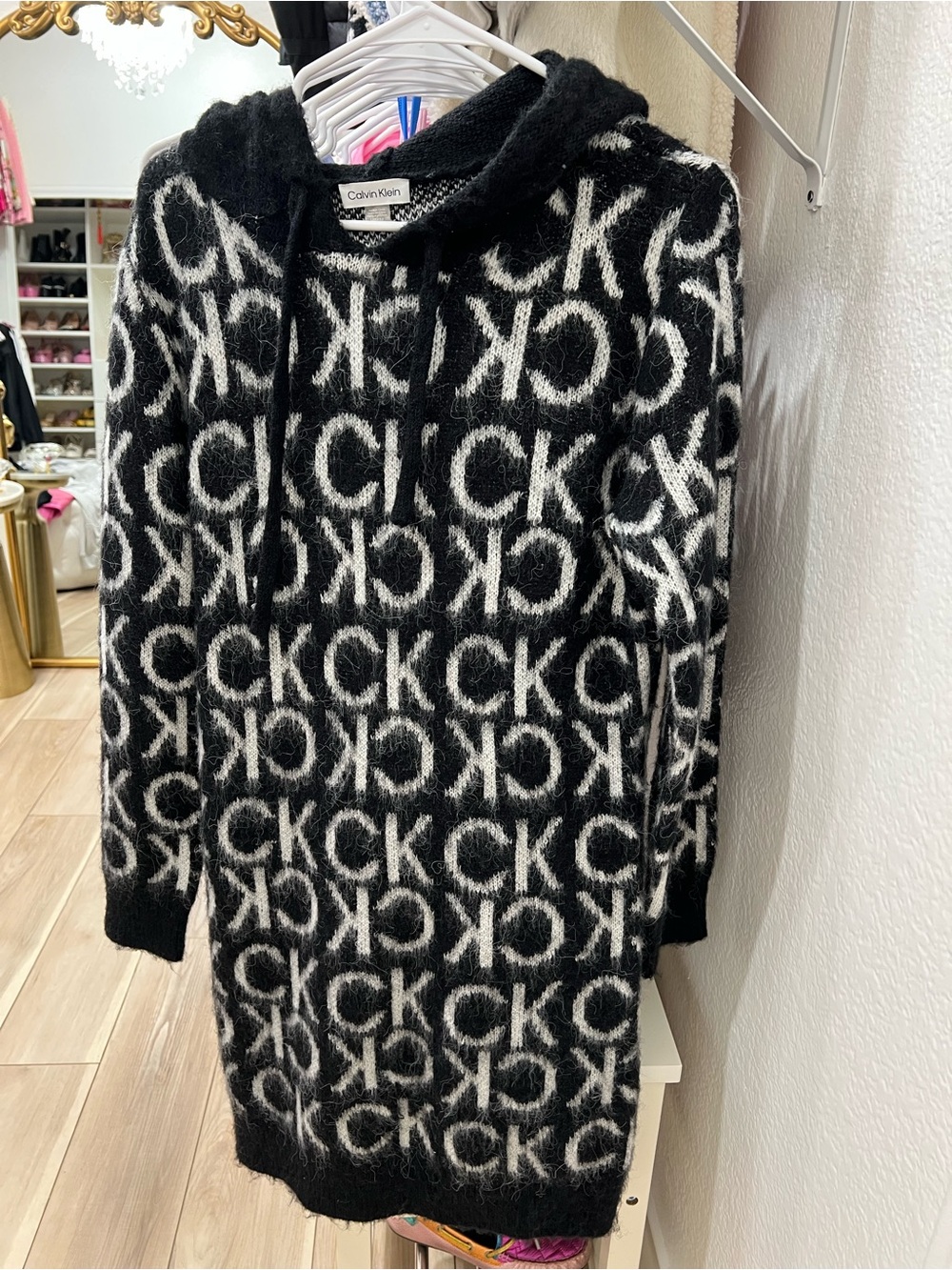 NWOT Calvin Klein Black and White Logo Hooded Sweater Dress